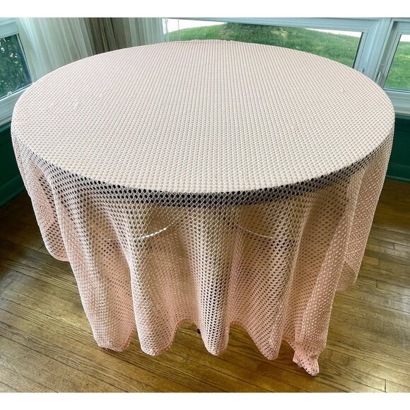 Vintage 1980s peach shower curtain, mesh open weave pattern, decorative panel - Picture 1 of 10